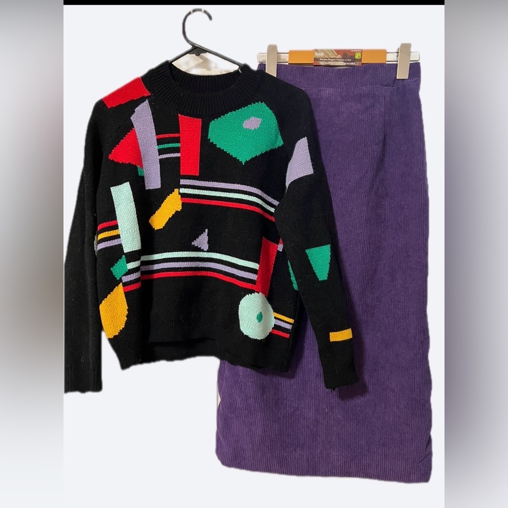 Colorful Geometric Knit Sweater & Purple Corduroy Skirt Set - Picture 3 of 13